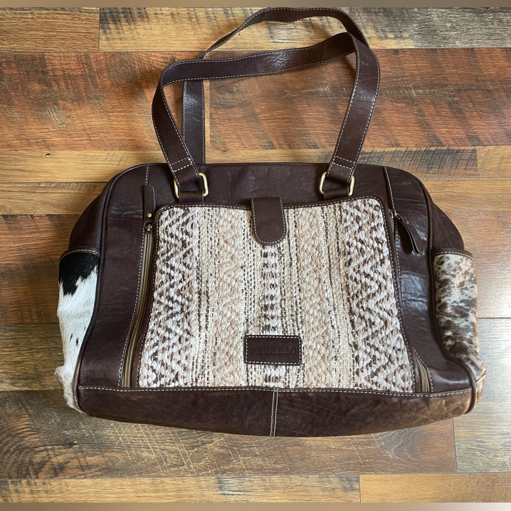 Myra Tote Handbag XL Leather Tapestry Calfskin Cornflower Diaper Bag Travel